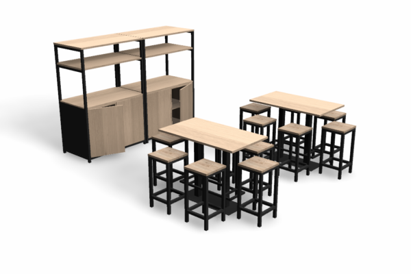 Koffiemeubel met bartafel en krukken